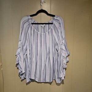 Ever Blue & White Striped Bell Sleeve Blouse, Size 2X | Flowy & Lightweight